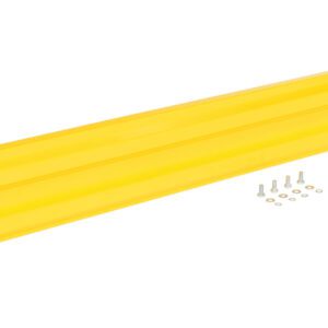 A Vestil Drop-In Style Guard Rail 9 Ft Yellow metal beam lies nearby, complete with two rectangular end plates. Small screws and washers hint at its readiness for assembly, and its designed for mounting or support purposes.