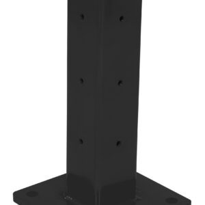 The Vestil Rigid Tube Post 18 In Drop-In Style Black features a glossy metal anchor with a square base, multiple fastener holes for easy mounting, and a flat top for sleek installation.