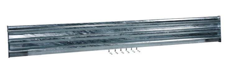 A Vestil Bolt-On Style Guard Rail 10 Ft Galvanized, displayed horizontally, features a shiny surface with horizontal ridges. Below it, nine small screws are neatly aligned in a row.