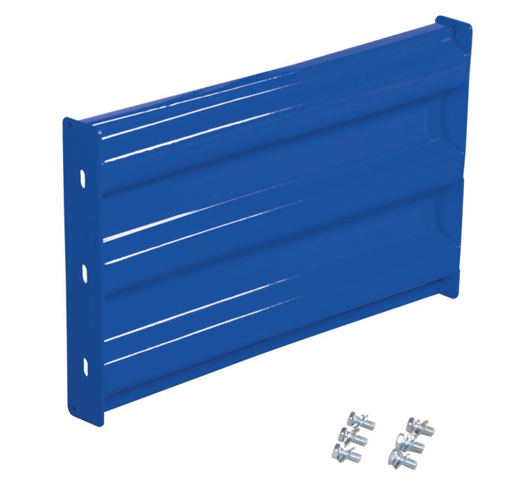 GR-F3R-BO-2-BU_A.jpg A metal bracket with ridges and drilled holes on one side resembles the Vestil Bolt-On Style Guard Rail 2 Ft Blue. It includes screws and nuts beside it.