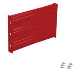 The red rectangular metal bracket resembles the Vestil Bolt-On Style Guard Rail 2 Ft Red, featuring two pairs of holes on the left side. Four small silver screws are on the right, ready for assembly.