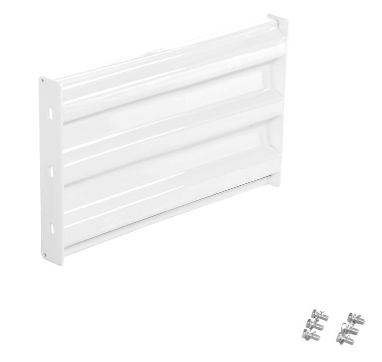 GR-F3R-BO-2-WT_A.jpg The white metal shelving bracket has screw holes on one side and three parallel grooves for strength. Its accompanied by six small screws, arranged in two groups of three, on a white background. It seamlessly complements the Vestil Bolt-On Style Guard Rail 2 Ft White setups.