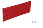 Resembling the Vestil Bolt-On Style Guard Rail 3 Ft Red, this red metal panel with horizontal grooves is intended for wall mounting and includes screws on the right side for convenient installation.