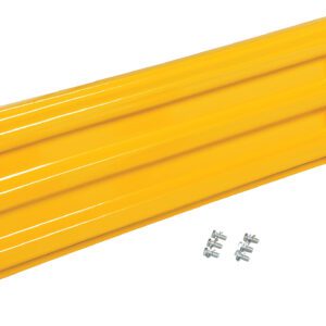 The Vestil Bolt-On Style Guard Rail 3 Ft Yellow has a ribbed surface and two vertical mounting holes at each end. It includes four silver screws for easy installation, making it a durable yellow metal wall protector.