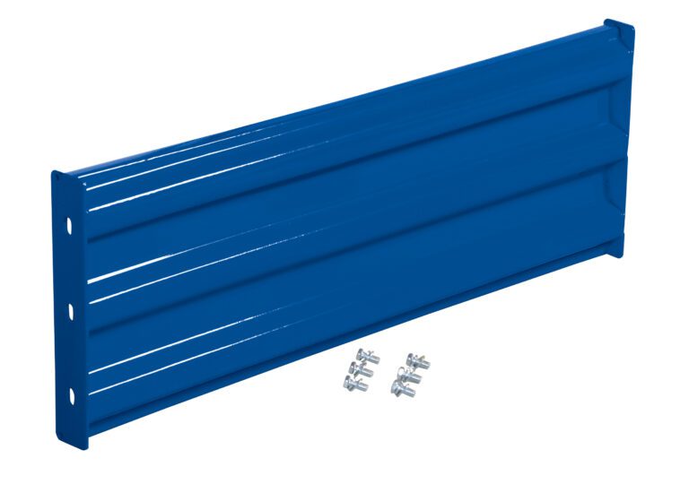 The Vestil Bolt-On Style Guard Rail 4 Ft Blue is a ribbed horizontal metal panel featuring four mounting holes on one side. It includes six screws for attachment, and its angled design highlights depth and structure.