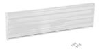 A horizontal long white metal shelf bracket is displayed against a white background, accompanied by eight small screws in two rows. A note below cites the Vestil Bolt-On Style Guard Rail 5 Ft White as its design inspiration.