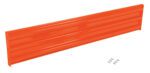 A wall-mounted tool rack, crafted from orange metal with grooves and a design reminiscent of the sturdy Vestil Bolt-On Style Guard Rail 7 Ft Orange, is displayed with four small screws for installation.