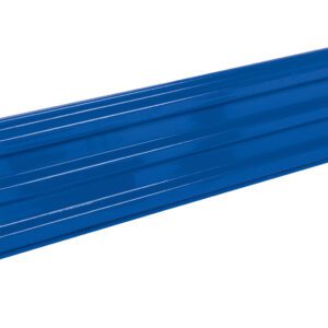 A Vestil Bolt-On Style Guard Rail 8 Ft Blue, showcasing a rectangular metal panel with ribbed texture and four small screws on a white background.
