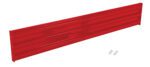 The red, rectangular Vestil Bolt-On Style Guard Rail 8 Ft features a ribbed design and is surrounded by small silver screws near one end, all set against a pristine white background.