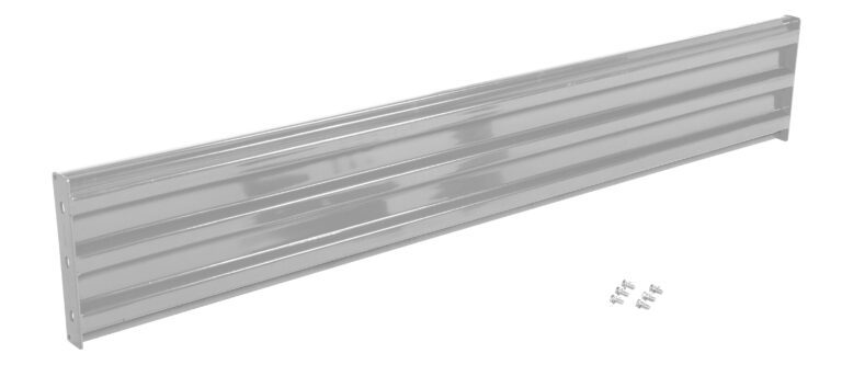 GR-F3R-BO-8-SL_A.jpg A long, metallic silver panel with a ribbed texture is displayed on a white background. Resembling the Vestil Bolt-On Style Guard Rail 8 Ft Silver, small screws are carefully positioned near the panel.