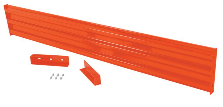 A ribbed orange metal shelf panel, complete with two small orange brackets and screws for easy assembly, is ideal for shelving units or storage systems and pairs perfectly with the Vestil Drop-In Style Guard Rail 10 Ft Orange.
