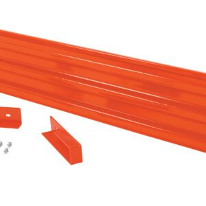 A ribbed orange metal shelf panel, complete with two small orange brackets and screws for easy assembly, is ideal for shelving units or storage systems and pairs perfectly with the Vestil Drop-In Style Guard Rail 10 Ft Orange.