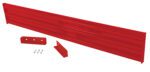 A sturdy Vestil Drop-In Style Guard Rail 10 Ft Red serves as a red metal wall mount tool organizer with horizontal grooves, complete with brackets and screws to securely hold tools on your wall.