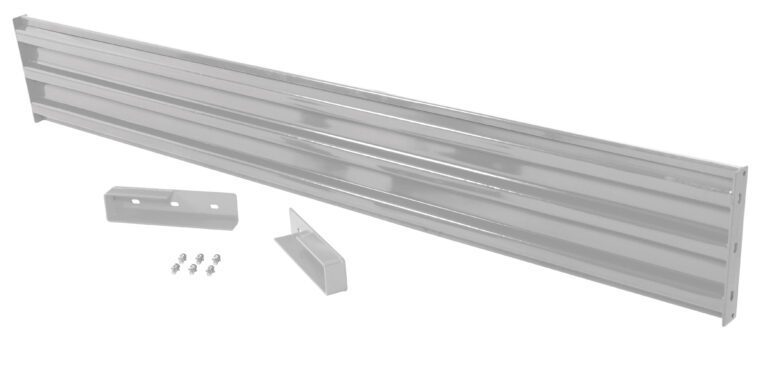 A shiny metal bracket set with a ribbed rail akin to the Vestil Drop-In Style Guard Rail 10 Ft Silver, two brackets, and screws is displayed on a white background, intended for structural support or installation.