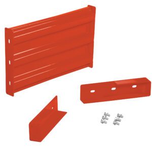 Vibrant red metal brackets and connectors ideal for storage installation, featuring a wall bracket, two smaller support brackets, and assembly screws. Comparable in quality to the Vestil Drop-In Style Guard Rail 2 Ft Orange. Displayed on a plain white background.