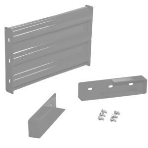 A galvanized steel shelf kit featuring a louvered panel, two brackets, and six screws is shown on a white background, perfectly compatible with the Vestil Drop-In Style Guard Rail 2 Ft Silver to enhance durability and strength.