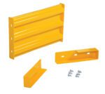 The Vestil Drop-In Style Guard Rail 2 Ft Yellow display includes yellow metal parts: a flat panel, corner piece, and angled bracket. Several small screws are neatly arranged on a white background.