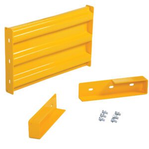 The Vestil Drop-In Style Guard Rail 2 Ft Yellow display includes yellow metal parts: a flat panel, corner piece, and angled bracket. Several small screws are neatly arranged on a white background.