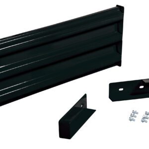The Vestil Drop-In Style Guard Rail 3 Ft Black includes a long rectangular metal panel with screw holes, two smaller wall mount brackets, and eight screws, all displayed on a white background.