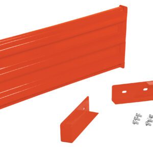 The Vestil Drop-In Style Guard Rail 3 Ft Orange set includes a bright metal wall mount unit with a horizontal slotted panel, two angled brackets, and screws, all elegantly displayed against a clean white background.