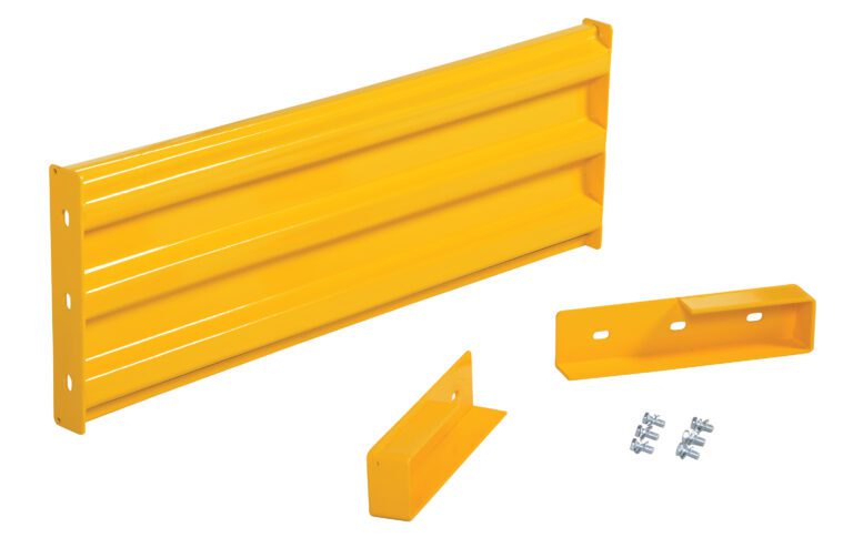 GR-F3R-DI-3-YL_A.jpg The Vestil Drop-In Style Guard Rail 3 Ft Yellow includes a robust yellow metal rail with two mounting brackets and screws for easy assembly, set against a crisp white background.