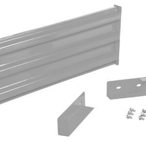 A Vestil Drop-In Style Guard Rail 4 Ft Silver with a corrugated surface is set against a white backdrop, alongside two metal brackets and screws.