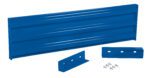 A pristine blue metal shelf panel and two smaller brackets with pre-drilled holes, resembling a Vestil Drop-In Style Guard Rail 5 Ft Blue, are displayed alongside neatly arranged silver screws, ready for assembly.