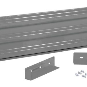 Gray metal bracket with a ribbed surface and accompanying screws on a white background resemble the practicality of the Vestil Drop-In Style Guard Rail 5 Ft Gray Semi Gloss for secure, stylish support.