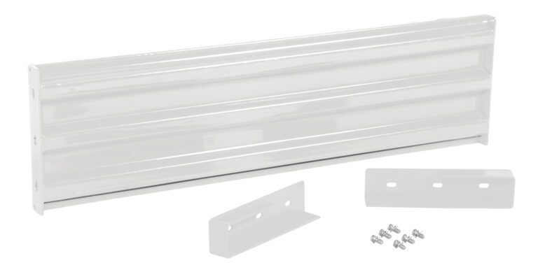 A white rectangular panel with horizontal grooves, mirroring the Vestil Guard Rail 5 Ft White, comes with two smaller holed attachments and a screw set, all neatly placed on a white background.