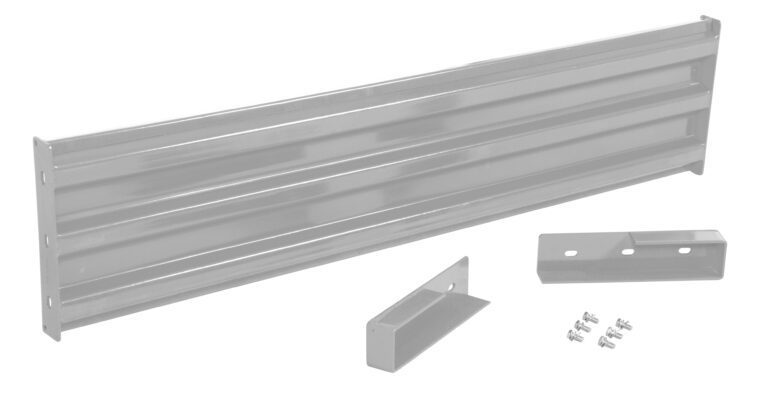 The Vestil Drop-In Style Guard Rail 6 Ft Silver includes two rectangular brackets and eight screws, neatly positioned on a white background.