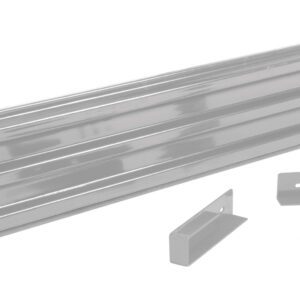 The Vestil Drop-In Style Guard Rail 8 Ft Silver, with a ribbed texture, is shown on a white background. It comes with two bracket pieces and small screws for simple assembly or installation.