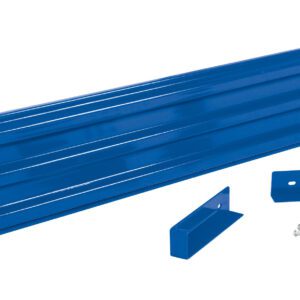 A blue metal shelf bracket with a ribbed design features two triangular supports and a rectangular wall mount, resembling the robust Vestil Drop-In Style Guard Rail 9 Ft Blue. Below it lie six silver screws, all set against a white background.