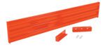 An orange metal wall-mounted tool holder features horizontal grooves and comes with two small orange brackets and eight silver screws, offering durability similar to the Vestil Drop-In Style Guard Rail 9 Ft Orange.