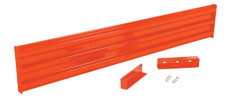GR-F3R-DI-9-OR_A.jpg An orange metal wall-mounted tool holder features horizontal grooves and comes with two small orange brackets and eight silver screws, offering durability similar to the Vestil Drop-In Style Guard Rail 9 Ft Orange.