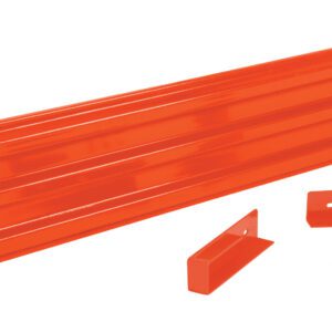 An orange metal wall-mounted tool holder features horizontal grooves and comes with two small orange brackets and eight silver screws, offering durability similar to the Vestil Drop-In Style Guard Rail 9 Ft Orange.