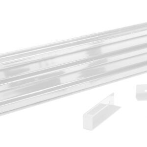 The white metal wall bracket, with a ribbed texture, appears along two small triangular supports and mounting screws. They are neatly arranged on a plain white background, resembling the Vestil Drop-In Style Guard Rail 9 Ft Whites streamlined design.