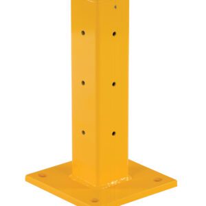 The Vestil Rigid Tube Post 18 In Drop-In Style Yellow is a sturdy column with a square base, rounded top, and evenly spaced side holes. The 18-inch post also has four corner holes on the base, perfect for secure installation on various surfaces.