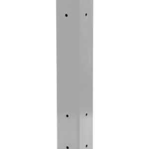 The Vestil Rigid Tube Post 42 In Drop-In Style Silver Lining is a sleek, 42-inch tall post with a silver-gray finish, multiple small holes, a sturdy square base, smooth lines, and rounded top edges for an elegant silhouette.