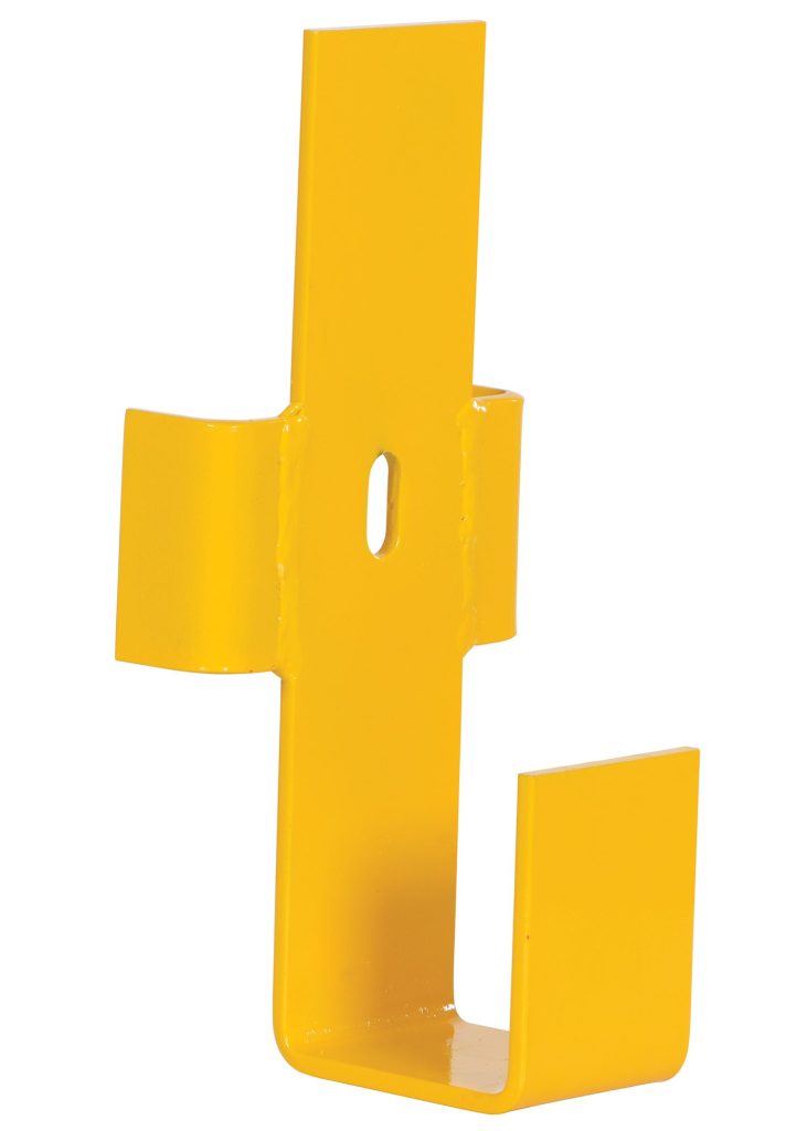 A yellow metal hook with a rectangular backplate and vertical mounting slot, resembling the Vestil Gr Ctr Support Bracket 10 To 12 Ft Rail, features a U-shaped bracket for item support against a plain white background.