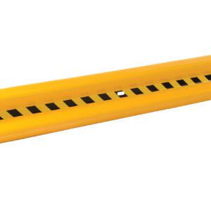 The Vestil Guard Rail Straight Rail Yel 108 In features a yellow rail with black square cutouts and curved designs on both sides, set against a white background.