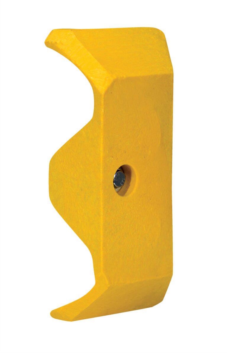 A wedge-shaped, yellow object with a hexagonal bolt in the center embodies the Vestil Guard Rail System Yellow Plastic End Cap. It features angular edges and a flat surface, ideal for mechanical or industrial use.