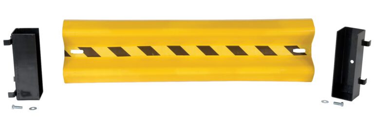 The yellow wall guard, resembling the Vestil Guard Rail System Drop In Yel 39 In, displays black diagonal stripes at its center and is accompanied by two black mounting brackets on either side, with nearby bolts and washers.
