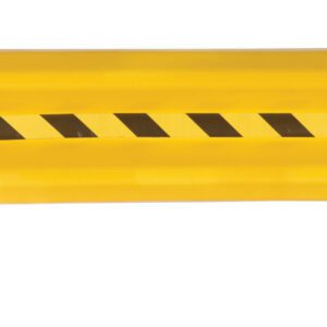 The Vestil Guard Rail System Drop In Yel 51 In is a yellow and black striped protective barrier that includes two black mounting brackets and screws. Designed for impact protection, it is displayed against a white background.