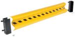 The yellow and black curved bumper guard, with two black mounting brackets, offers protection and convenience. Its glossy surface with diagonal stripes is similar to the Vestil Guard Rail System Drop In Yel 63 In, providing safety and style.
