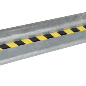 The Vestil Guard Rail System Drop In Rail 75 In showcases a sleek curved design with a yellow and black striped pattern at its center, supported by sturdy black brackets on both ends and securely fastened with bolts and nuts for optimal safety.