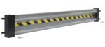 The Vestil Guard Rail System Drop In Rail 99 In features dual steel rails with a bold black-yellow stripe pattern at the center. It mounts securely on black brackets, with screws and bolts neatly arranged on a white surface.