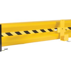 The Vestil Guard Rail System Drop In Yel 111 In is a robust yellow safety barrier with black stripes and end caps, ideal for industrial or warehouse use. Its design includes bolt attachments to keep it securely in place.