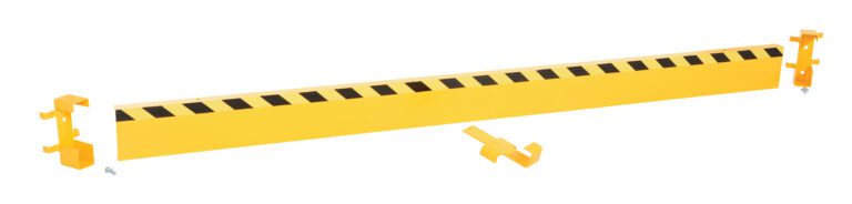GR-STC8-DI-10-YL_A.jpg The Vestil Channel Guard Rail 10 Ft Length W/Bracket has black diagonal stripes on a yellow background, comes with secure mounting brackets on each end plus an extra one, and is perfect for industrial or commercial settings.