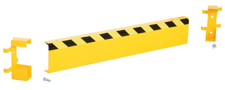 The Vestil Channel Guard Rail 4 Ft Length W/Bracket, featuring black diagonal stripes on yellow, disassembles into a 4 ft. horizontal beam and two vertical mounts with bolt holes. Brackets, bolts, and screws are included for easy assembly.