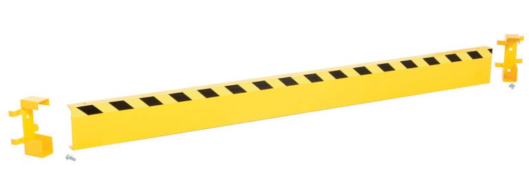 The Vestil Channel Guard Rail 8 Ft Length W/Bracket features a bold yellow design with black diagonal stripes and includes two detachable end brackets and mounting screws, perfect for industrial safety applications.